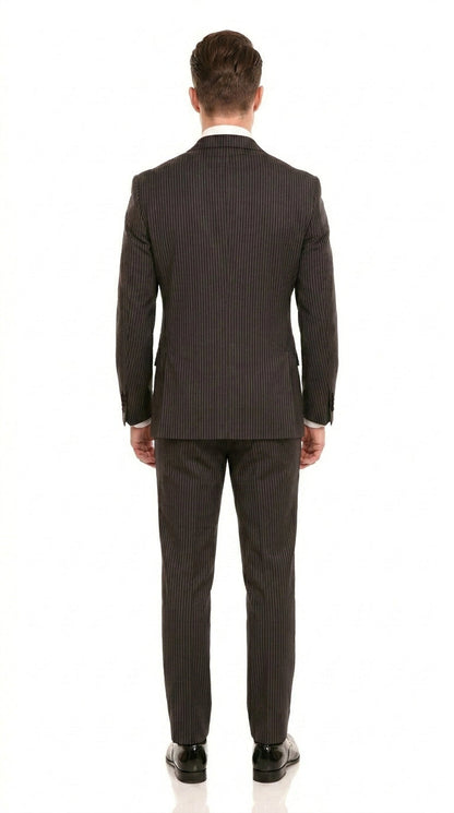 Men’s Double Breasted Suit – Classic Peak Lapel Formal Tuxedo Style Suit for Wedding in Black Ton on Tone Pinstripe