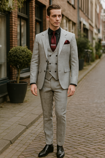 Men’s 3-Piece Light Grey Pinstripe Suit with Vest – Classic Business, Wedding, and Formal Attire 1   - from alligatorwarehouse.com