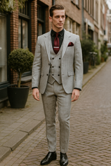 Men’s 3-Piece Light Grey Pinstripe Suit with Vest – Classic Business, Wedding, and Formal Attire