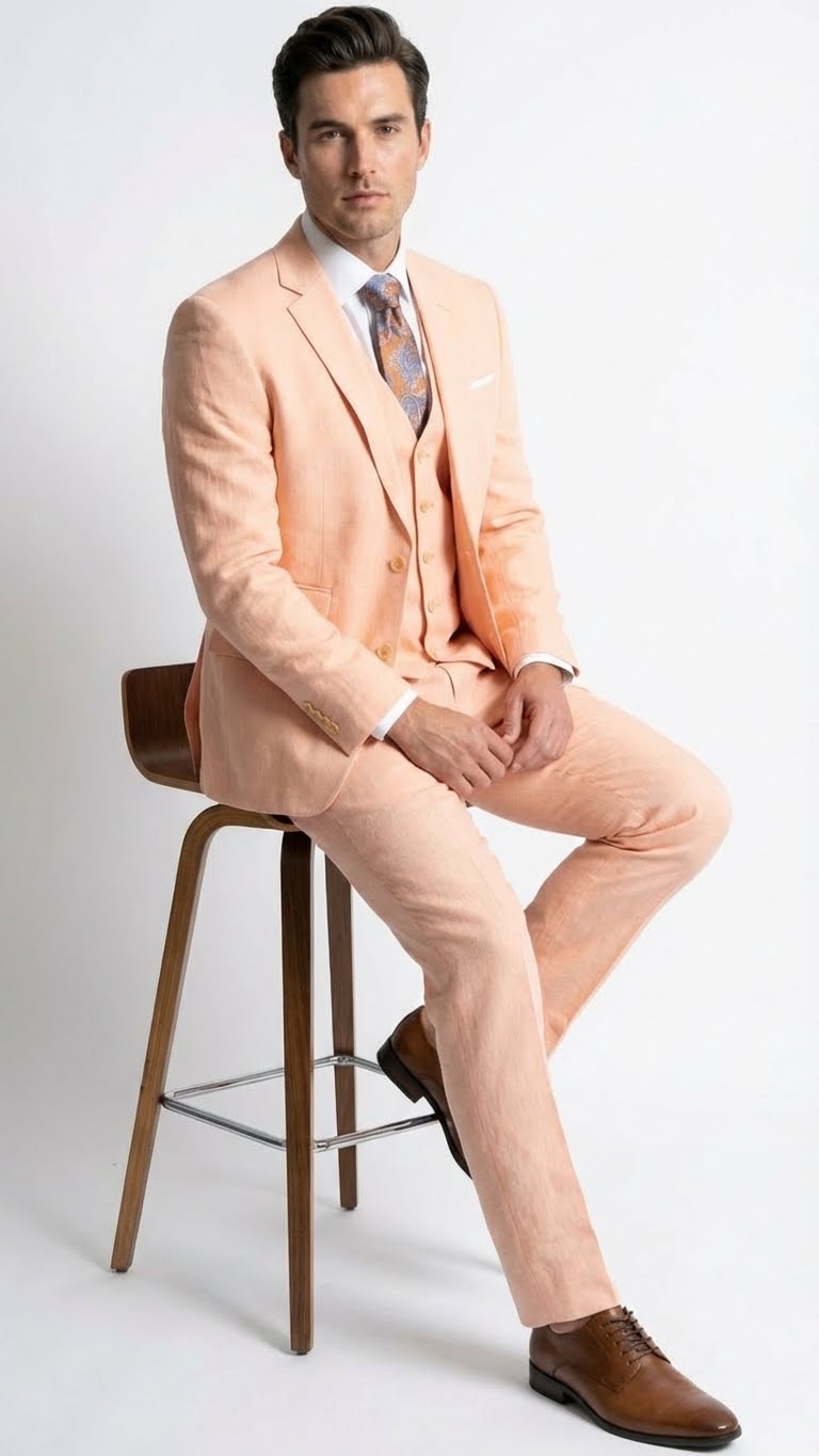 Men’s Light Peach 3 Piece Suit Set with Vest, Prom Wedding Dress Suit