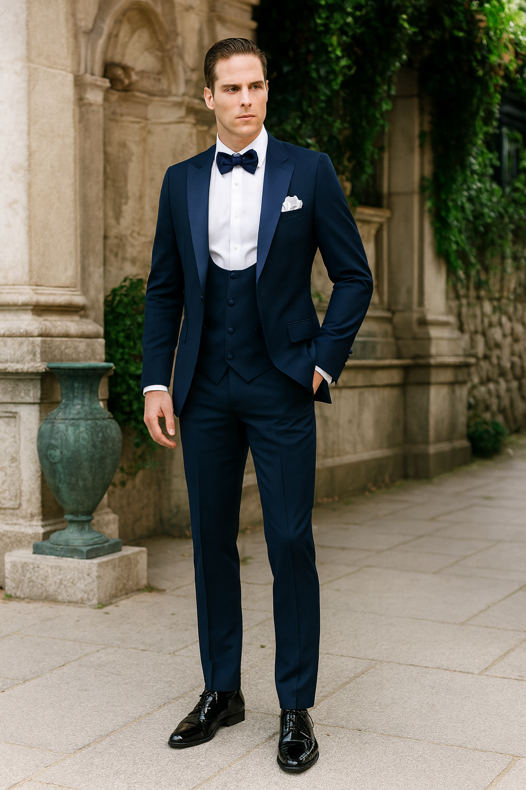 Men’s Navy Blue Tuxedo with Satin Peak Lapel with navy sateen  – 3 Piece Formal Suit with Vest and Bow Tie 2   - from alligatorwarehouse.com