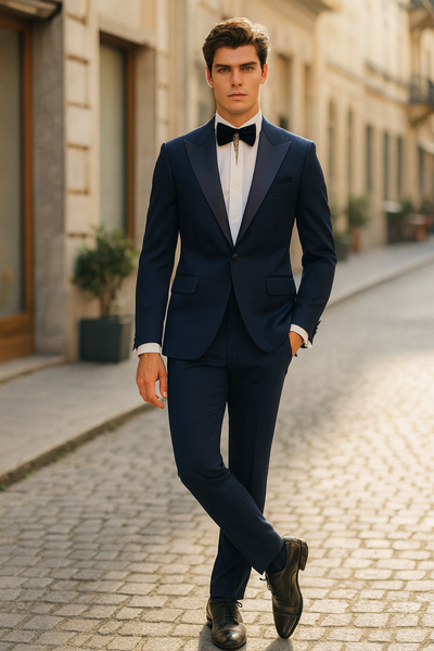Men’s Navy Blue  Tuxedo with Satin Peak Lapel With Matching Color Lapel Sateen – Formal 2 Piece Suit 3   - from alligatorwarehouse.com