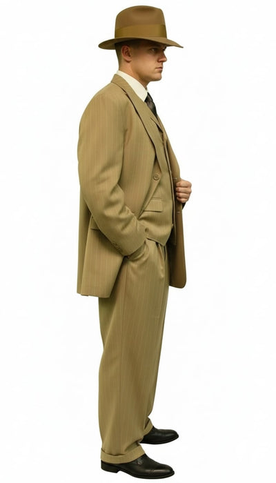 Mens Tan Pinstripe Zoot Suit – 1920s Gangster Vintage 3-Piece Suit with Wide-Leg Pants 4   - from alligatorwarehouse.com