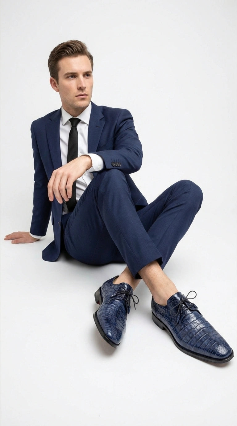 Mezlan Blue Crocodile Alligator Embossed Leather Dress Shoes for Men – Luxury Lace Up Oxford Shoes – Blue Exotic Pattern Formal