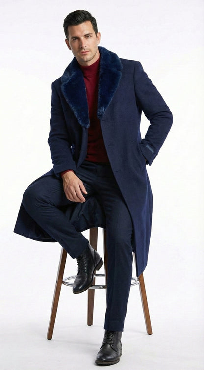 Men’s Dark Navy Blue Long Overcoat with Faux Fur Collar, Classic Winter Dress Coat for Formal