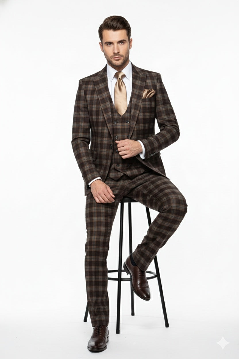 Men’s Brown Plaid Windowpane Three-Piece Suit Set – Classic Slim Fit Jacket, Double-Breasted Vest and Modern Fit Pants  By Rossiman