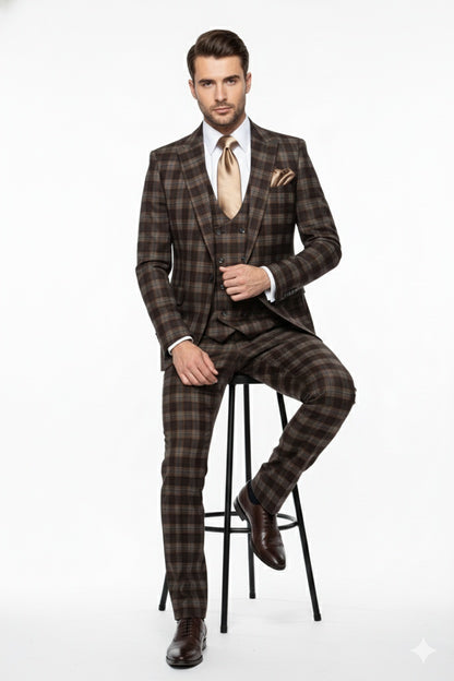 Men’s Brown Plaid Windowpane Three-Piece Suit Set – Classic Slim Fit Jacket, Double-Breasted Vest and Modern Fit Pants  By Rossiman