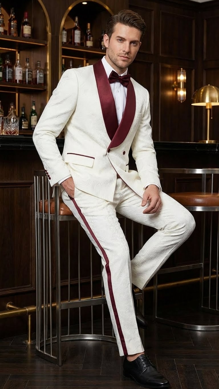 Men’s Ivory and Burgundy Jacquard Tuxedo Suit – Luxury Slim Fit 3-Piece Formal Wedding, Prom, and Gala Outfit in Cream Off White Color