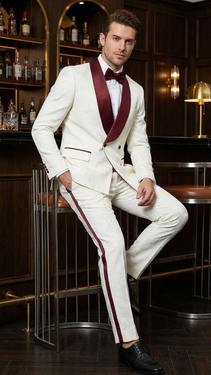 Men’s Ivory and Burgundy Jacquard Tuxedo Suit – Luxury Slim Fit 3-Piece Formal Wedding, Prom, and Gala Outfit in Cream Off White Color