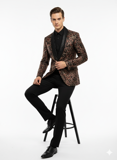 Men’s Black Shiny Designer Blazer with Red and Gold Pattern – Luxury Party & Wedding Jacket 4   - from alligatorwarehouse.com