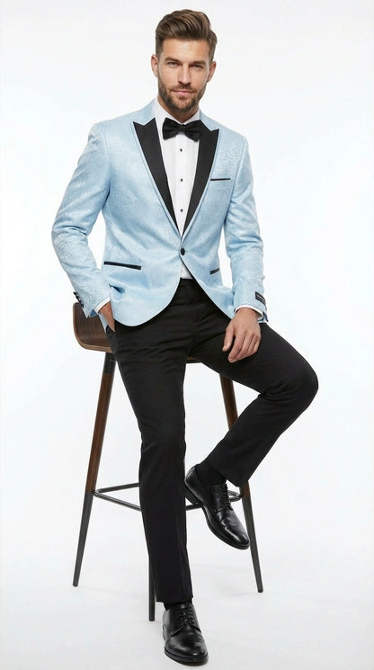 Men’s Baby Blue Tuxedo Blazer with Black Lapel – Formal Dinner Jacket for Wedding, Prom and Evening Events  in Sky Light Blue Color