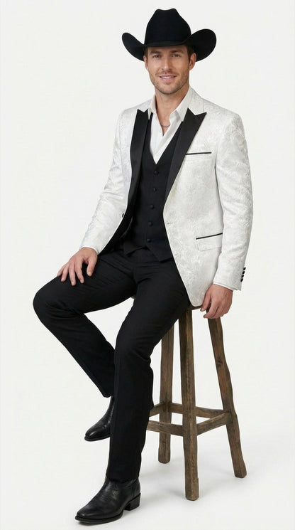 Men’s White Paisley Cowboy Tuxedo with Black Satin Lapel – Western Formal Wedding Suit Jacket