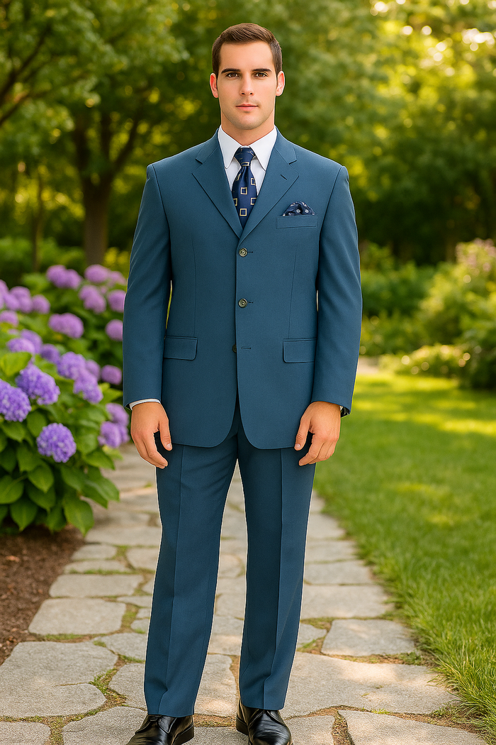 Men’s Saphire Steel Blue 3-Button  – Formal Business Attire Three Button Style Classic Fit Pleated Pants in Indigo Coablt Blue Color