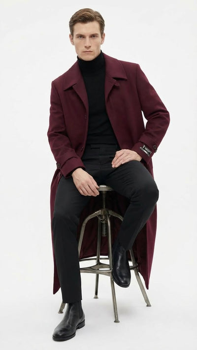 Men’s Full-Length Burgundy Overcoat – Microfiber 4 season fabric  Long Formal Coat with Classic Tailored Maxi Duster Coat 5   - from alligatorwarehouse.com