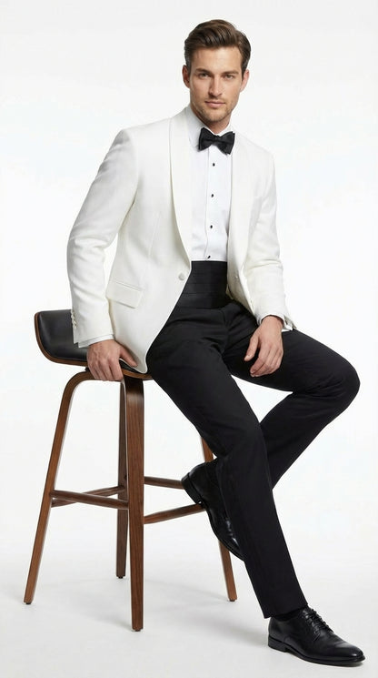Men's White Dinner Jacket Tuxedo Blazer with Black Satin Shawl Lapel  With Black Tuxedo Pants