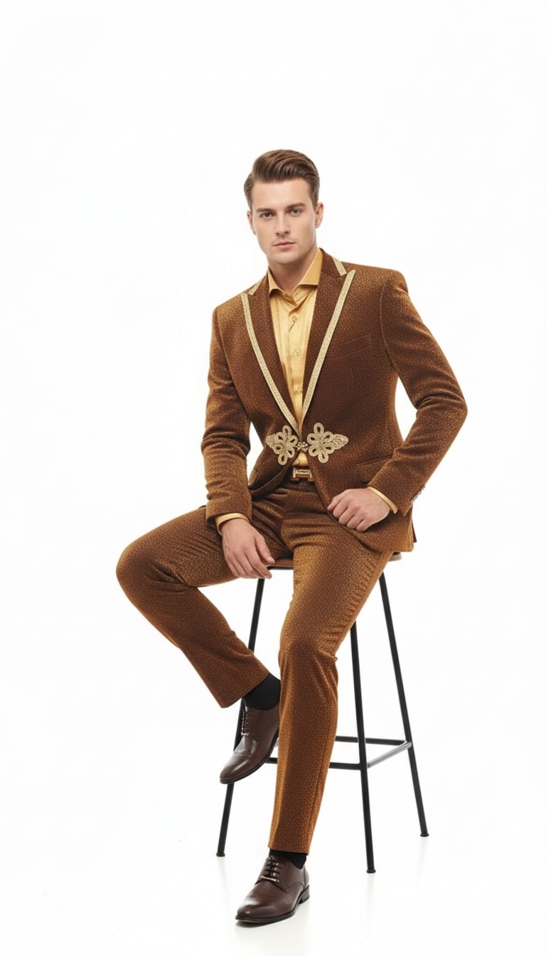 Mens Bronze Shiny Velvet Suit – Designer Party and Wedding Wear Blazer and Pant Set Brown and Gold Tuxedo
