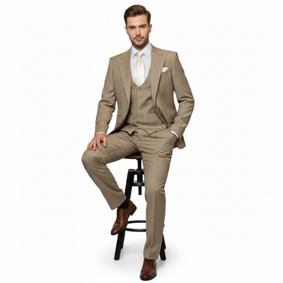 Men’s Beige Pinstripe Three-Piece Suit – Classic Fit Formal Suit with Vest and Flat-Front Pants in Tan Stripe By Rossiman 4   - from alligatorwarehouse.com