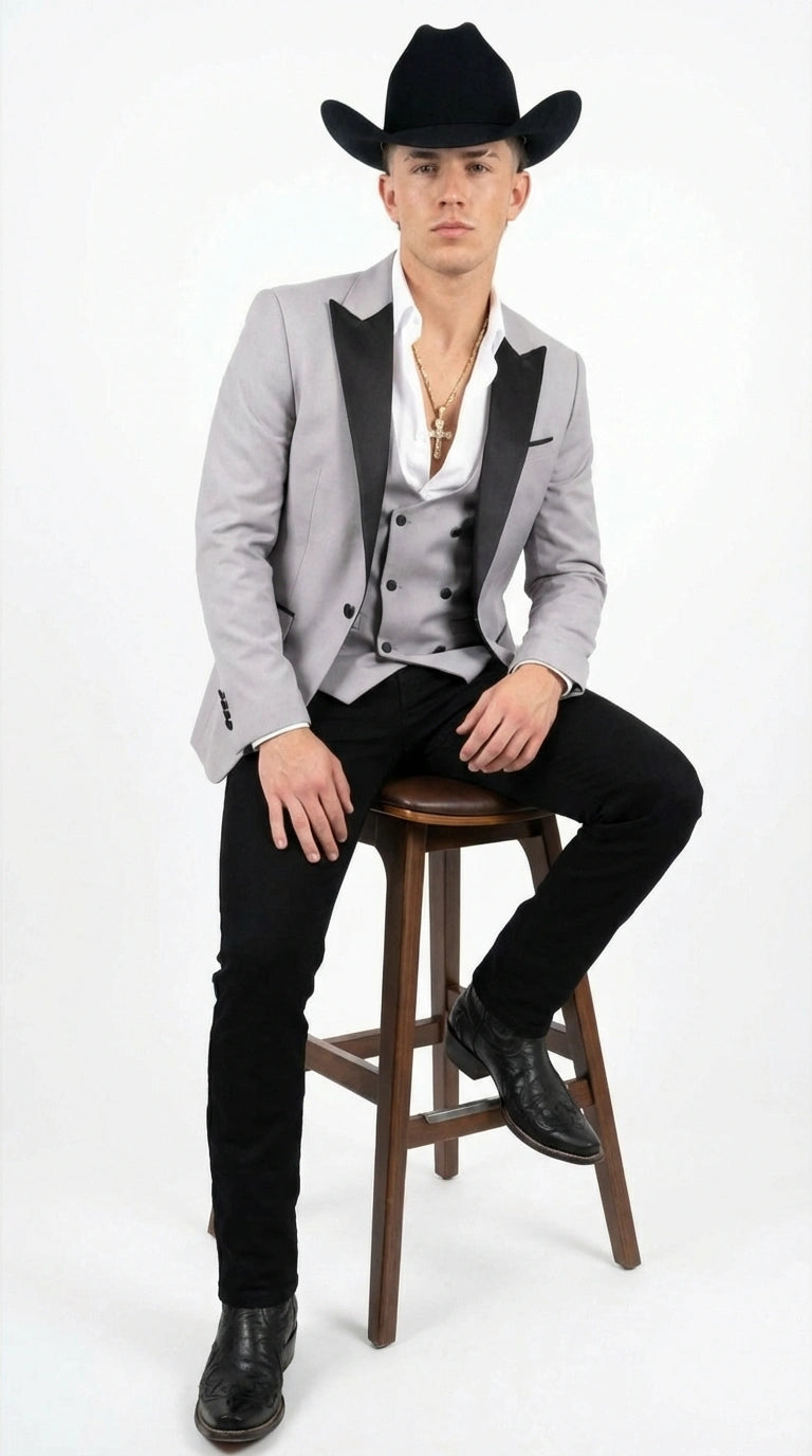 Men’s Light Gray Cowboy Tuxedo with Black Satin Lapel – Western Formal Suit with Double Breasted Vest
