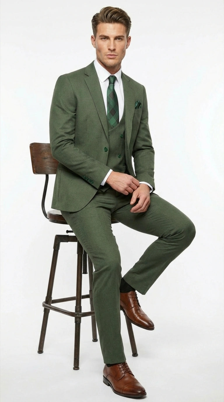 Men’s Forest Green Three Piece Suit – Double Breasted Vest Formal Wedding and Business Suit Set Olive Green Slim Fit