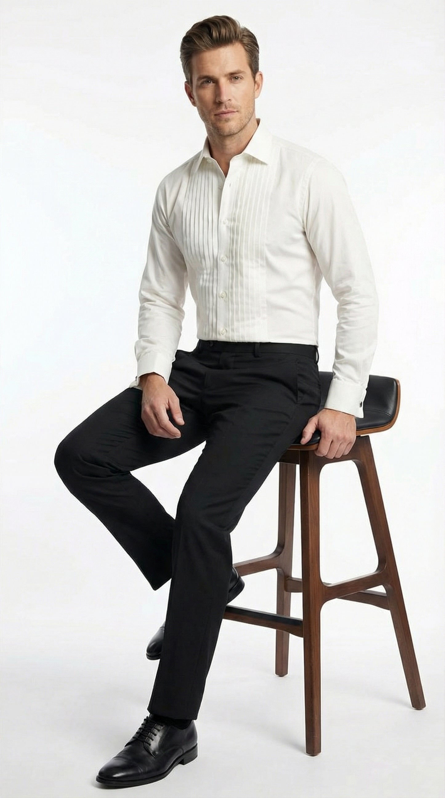 Men’s Ivory Cream Off White  Pleated Tuxedo Dress Shirt | French Cuff Formal Wedding Shirt