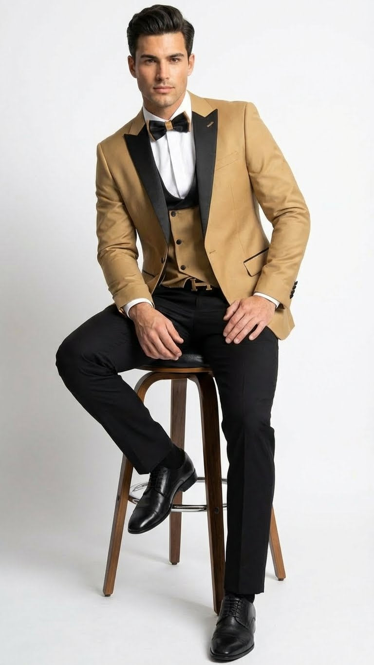 Men's Dark Camel Tan Khaki and Black Great Gatsby Tuxedo Suit – Vintage 1920s Formal Wedding, Party and Event Wear