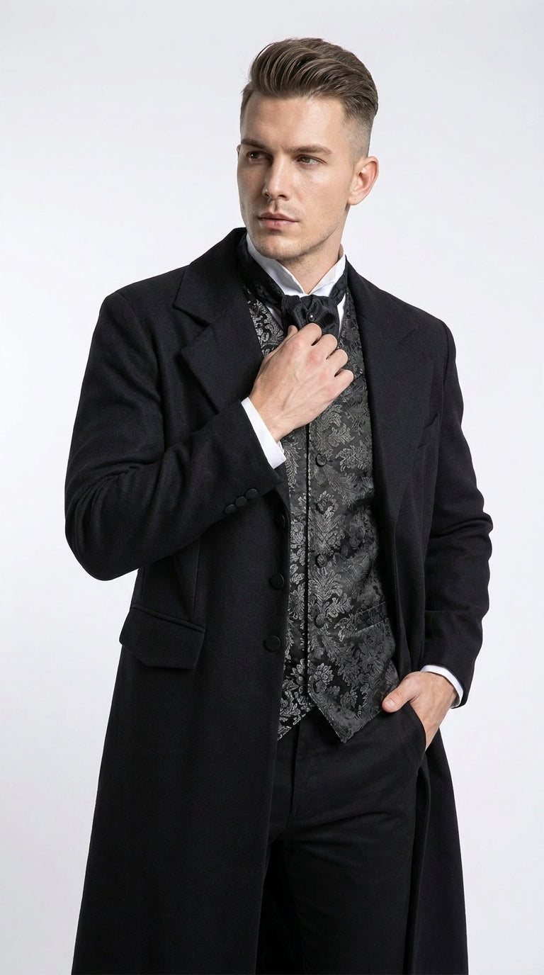 Men’s Matrix Neo Inspired Black Wool Duster Coat – Long Gothic Victorian Full Length Overcoat