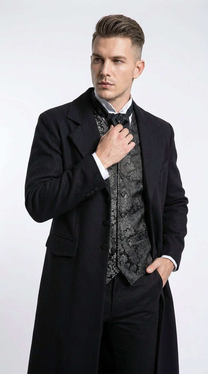 Men’s Matrix Neo Inspired Black Wool Duster Coat – Long Gothic Victorian Full Length Overcoat