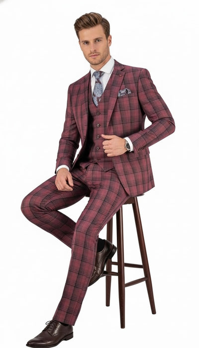 Mens Red Burgundy Plaid 3-Piece Suit – Classic Checkered Modern Fit Suit for Weddings, Church and Formal Events 4   - from alligatorwarehouse.com