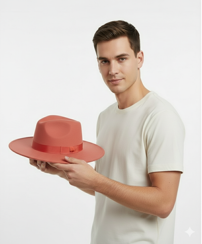 Men’s Coral Pink Wide Brim Fedora Hat – Wool Felt Dress Hat with Red Ribbon Band 4   - from alligatorwarehouse.com