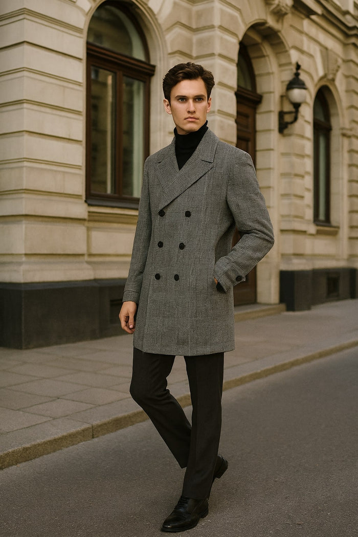Mens Grey Plaid Double-Breasted Overcoat with Black Faux Fur Collar – Classic Winter Peacoat