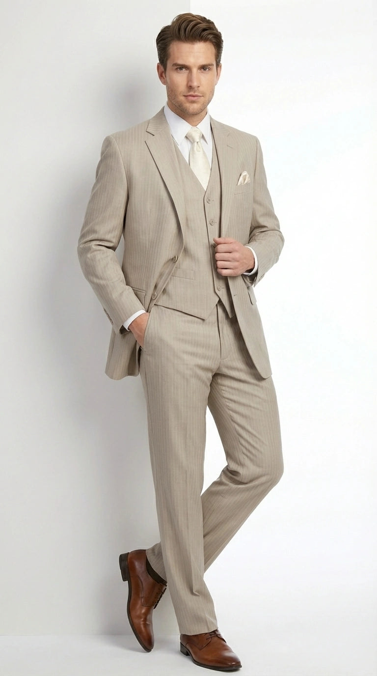 Men’s Tan Pinstripe Three Piece Suit – Classic Fit Pleated Pants  Tan Sand Beige Wedding, Church Shadow Ton on Tone  Business Suit for Men