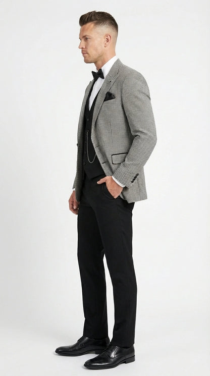 Men’s Black and White Houndstooth Gatsby Inspired Suit – Vintage Style Formal Suit for Wedding, Prom and Classic Events Blazer + Black vest + Black Pants