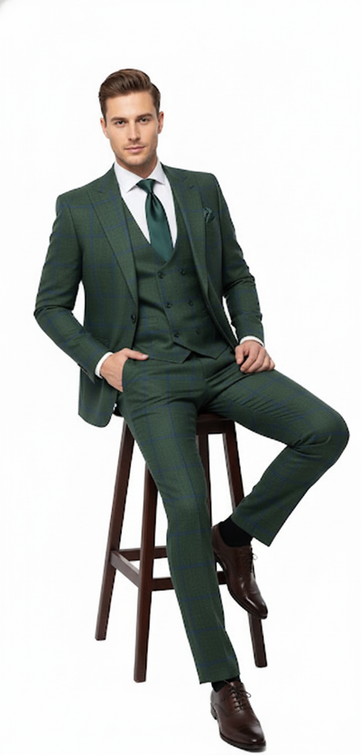 Men’s Green Plaid 3-Piece Suit – Classic Check Slim Fit Suit for Weddings, Church, and Formal By Rossiman 5   - from alligatorwarehouse.com