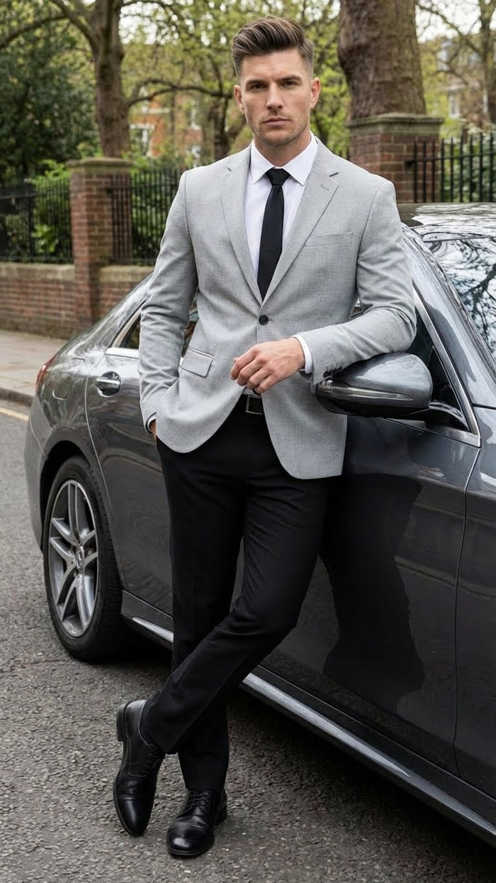 Men’s Light Grey Slim Fit Blazer Sport Coat with Black Pants | Premium Formal and Smart Casual Outfit