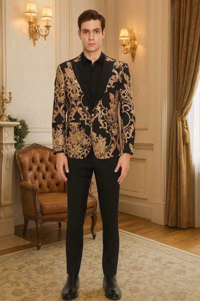 Mens Black and Rose Gold Floral Embroidered Blazer Suit Black Pants – Luxury Tuxedo Jacket for Weddings, Proms and Parties 4   - from alligatorwarehouse.com