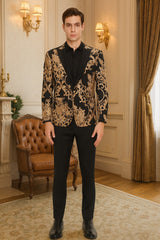 Mens Black and Rose Gold Floral Embroidered Blazer Suit Black Pants – Luxury Tuxedo Jacket for Weddings, Proms and Parties
