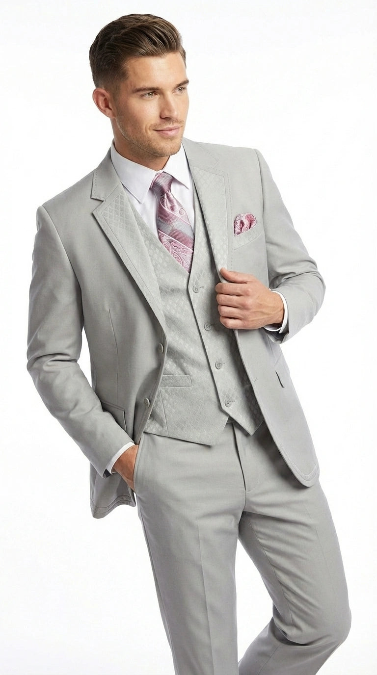 Men’s Light Gray 3 Piece Suit – Ice Silver Gray Formal Suit Set with Vest, Patterned Lapel and Tie for Wedding, Prom and Business Events