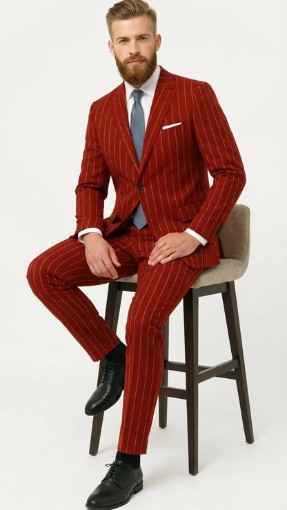 Men’s Red Pinstripe Suit – Stripe Two-Button Vested Suit 2 Buttons
