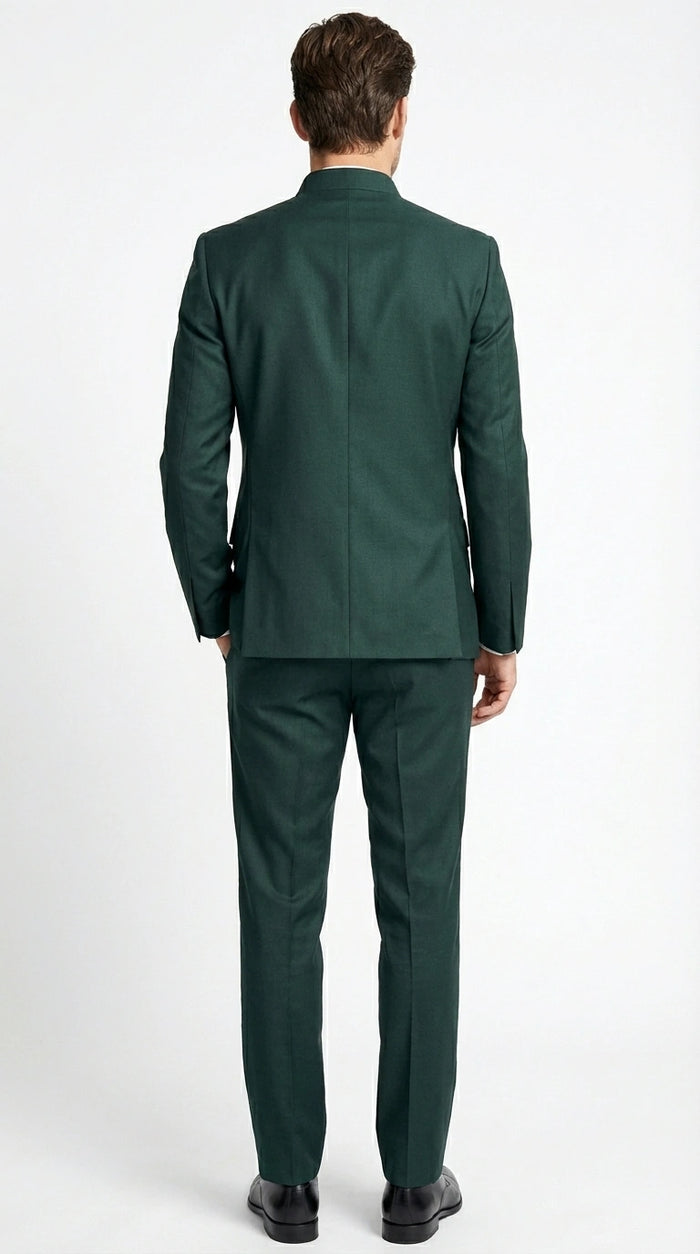 Men’s Olive Green Tuxedo Mandarin Collar Suit – Modern Nehru Style Formal Suit for Wedding Banded Collar