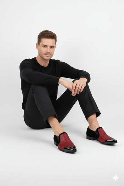 Men’s Red Glitter Tuxedo Loafers – Shiny Slip-On Dress Shoes with Black Patent Toe for Parties and Formal Events 5   - from alligatorwarehouse.com