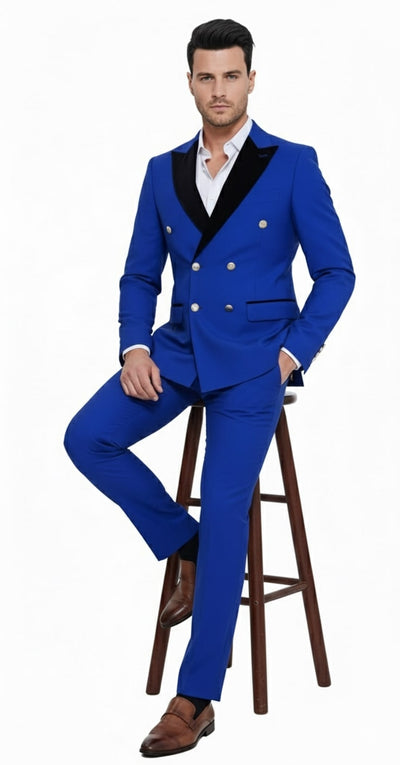 Mens Royal Blue Double-Breasted Tuxedo Suit – Modern Slim Fit Formal Wedding and Prom Outfit with Black Satin Lapel 5   - from alligatorwarehouse.com