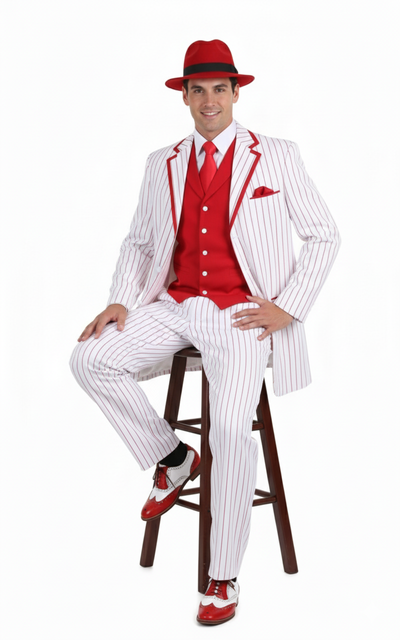 Men’s 1920s White and Red Pinstripe Zoot Suit with Fedora Hat and Wingtip Shoes – Vintage Gangster 3-Piece New Year Holiday Christmas Suit 5   - from alligatorwarehouse.com
