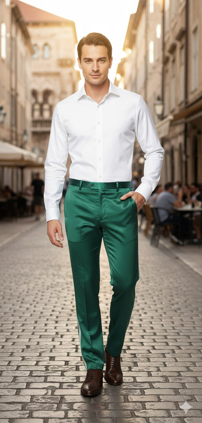 Mens Emerald Green Satin Slim Fit Dress Pants – Shiny Formal Party and Wedding Trousers
