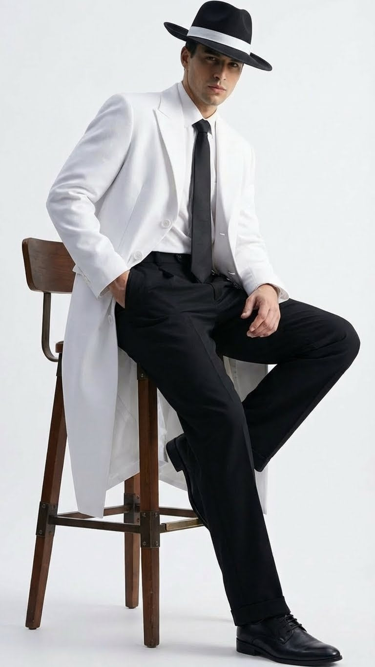 Men’s White Long Zoot Style Suit  | Vintage Gangster Mafia Formal Coat with Black Pants