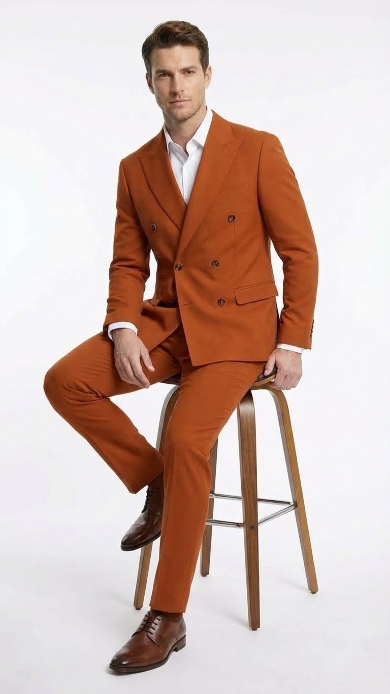 Vitali Brand Men’s Burnt Orange Double Breasted Suit – in Rust Brick Copper Color