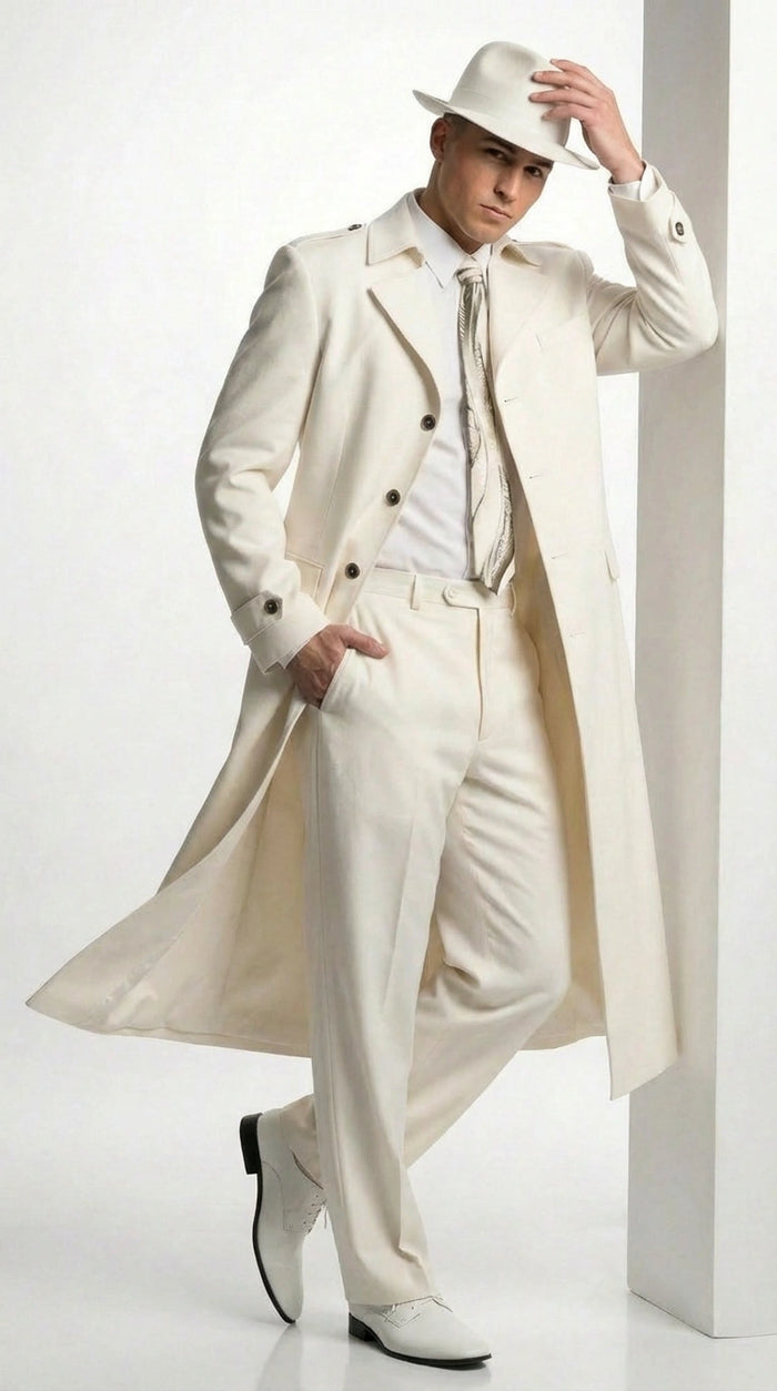 Men’s Ivory Cream Off White  Full Length Zoot Suit – Vintage Gangster Style Long Coat Formal Suit