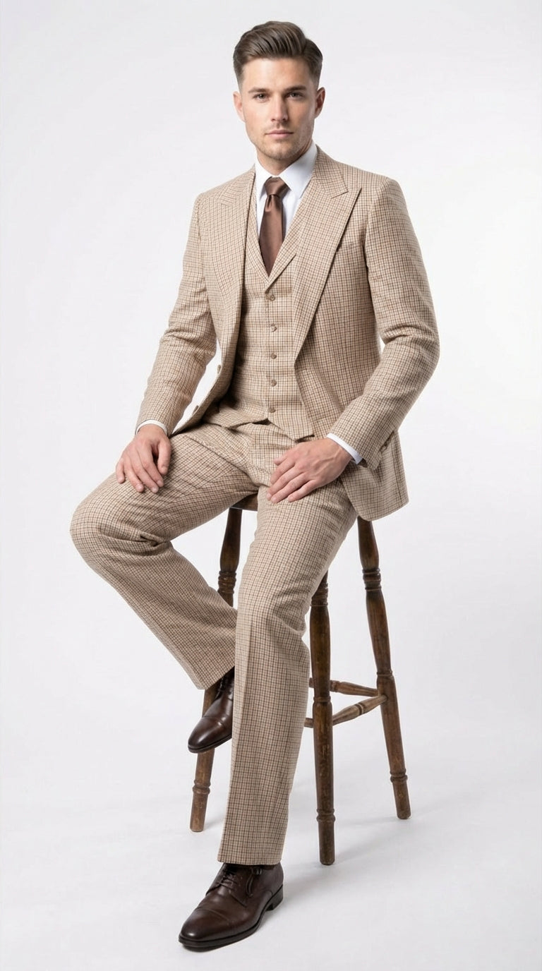 Men’s Beige tan Checkered Three Piece Suit with Classic Fit Wide Leg Pleated Pants by Rossiman khaki color