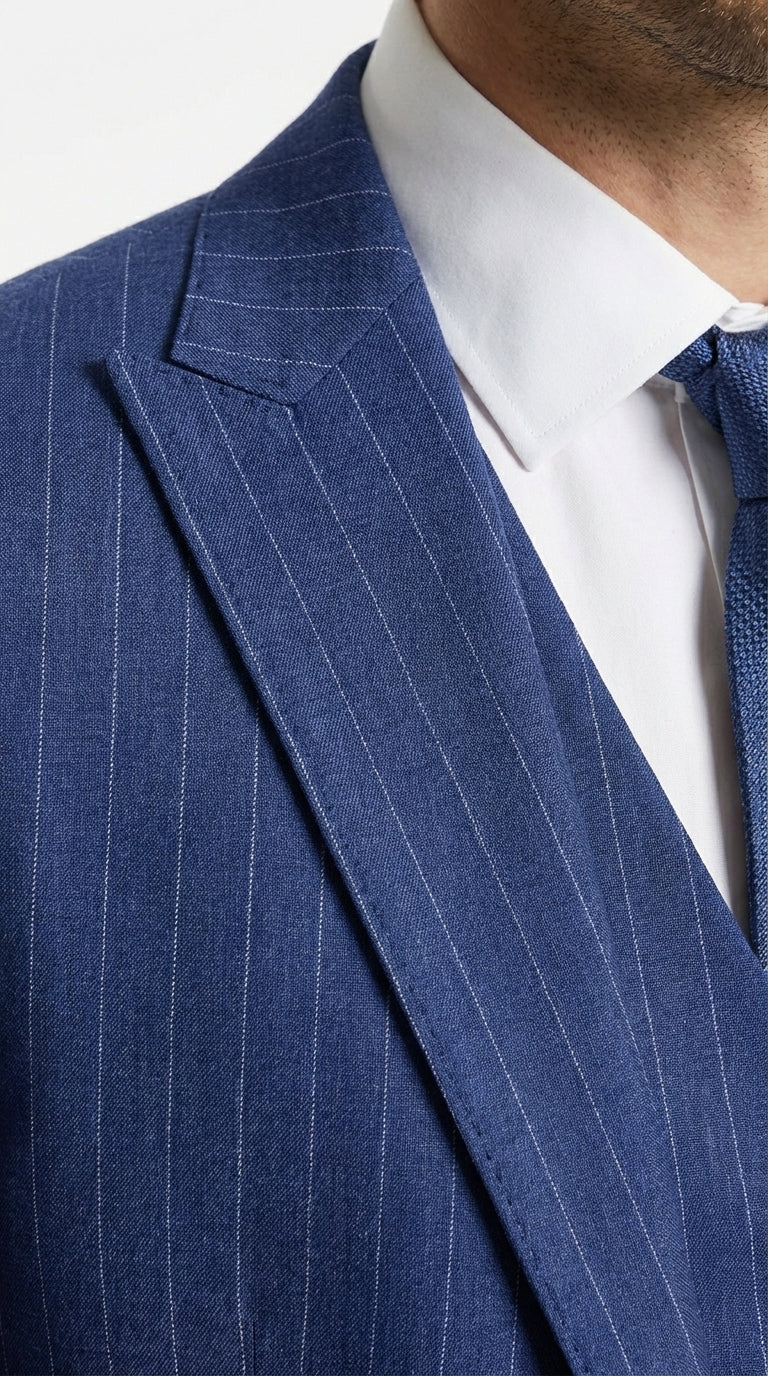 Men’s Cobalt Blue 3 Piece Suit – Indigo Light Blue Pinstripe Formal Suit with Vest for Wedding, Business Modern Fit Two buttons