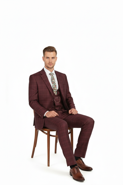 Men’s Burgundy Checkered 3-Piece Suit – Windowpane Classic Fit Plaid Blazer with Vest and Pants 4   - from alligatorwarehouse.com