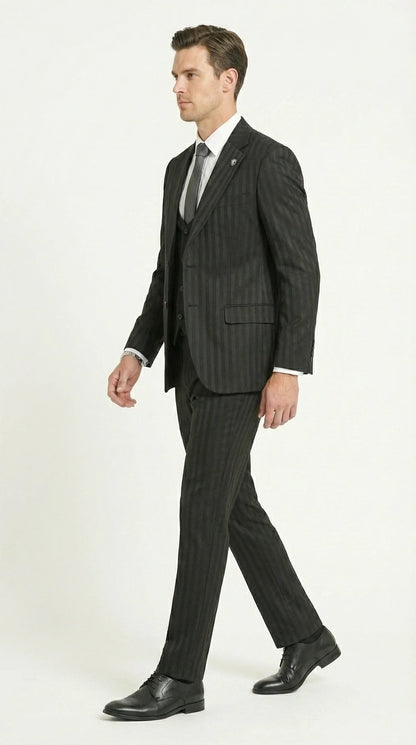 Men’s Black Pinstripe 3 Piece Suit – Vested Formal Business Suit for Wedding, Office, Prom and Party Wear